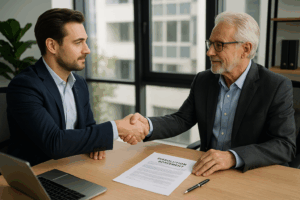 Two business partners shaking hands over a dissolution agreement in a modern office.